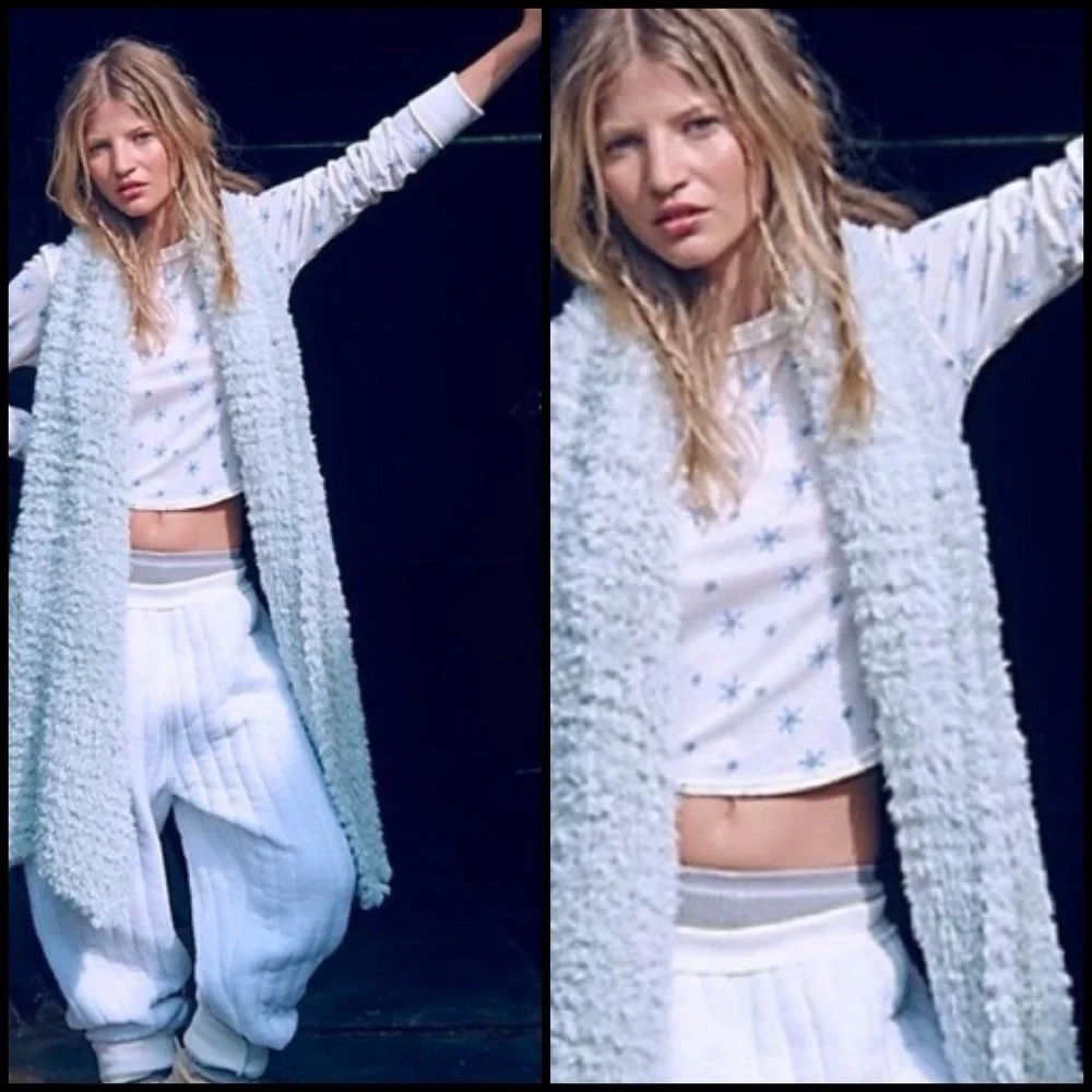 Free People Intimately Quilted Love Long Sleeves Snowflake Ivory Cropped Top S